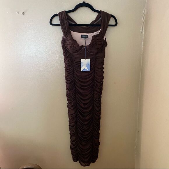 Majorelle Tabitha Brown Ruched Shirred midi dress revolve Sz S NWT - Picture 9 of 12